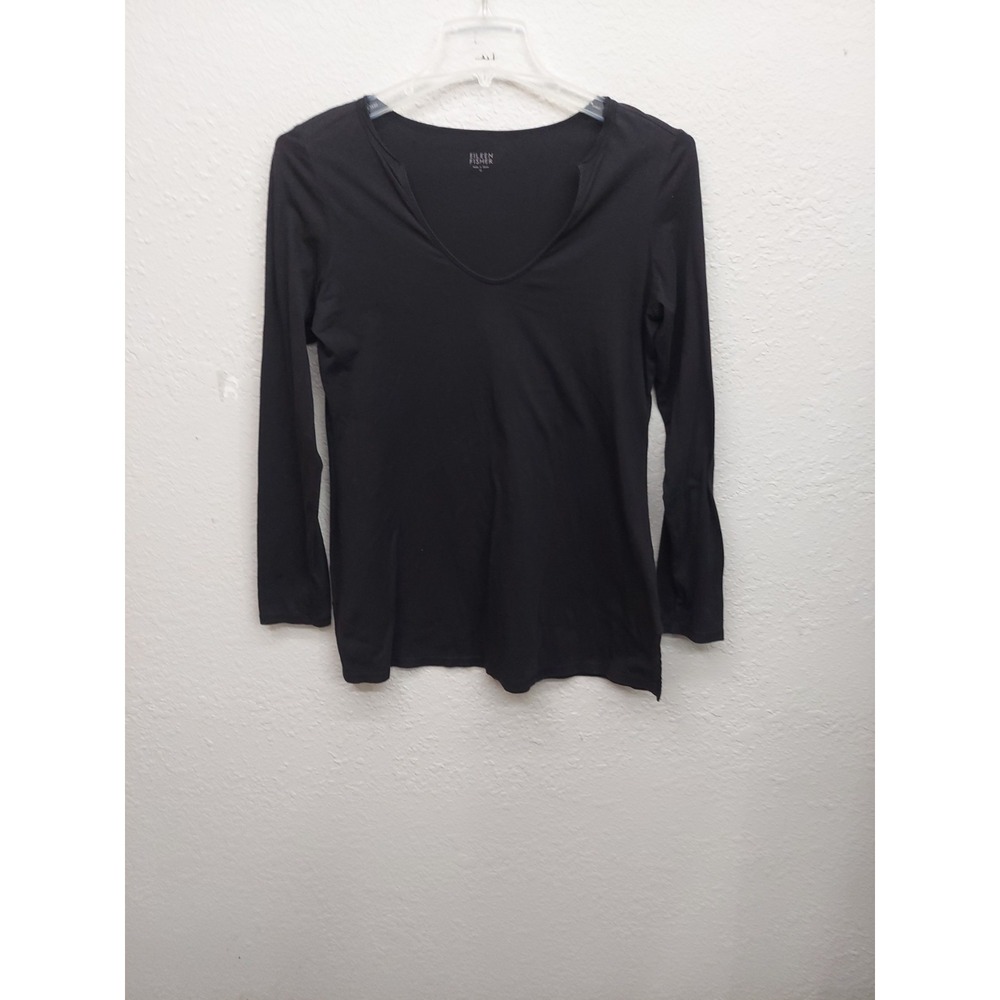 Eileen Fisher Top Womens Medium Black Organic Cotton V Neck Lightweight Long Slv